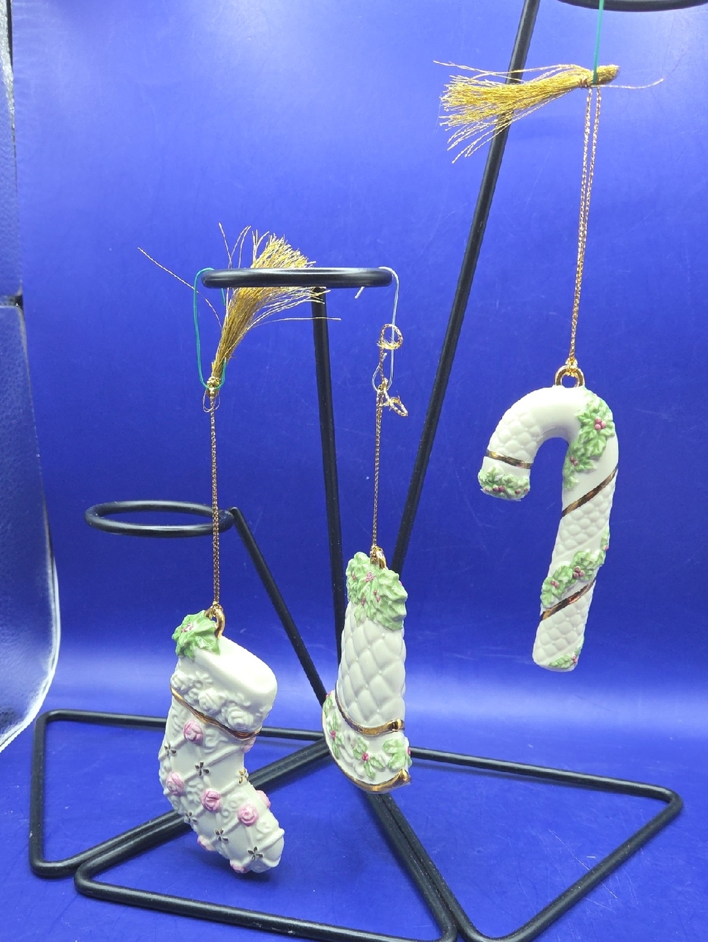 Lenox Trio Of Christmas Ornaments Stocking, Bell And Candy Cane with Gold Accent